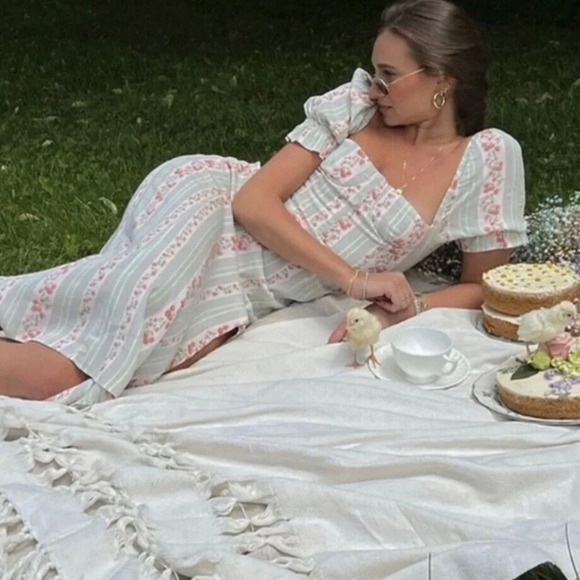 WeWoreWhat Sage Green Pink‎ Victorian Floral Stripe Puff Sleeve Corset Dress - Picture 3 of 15